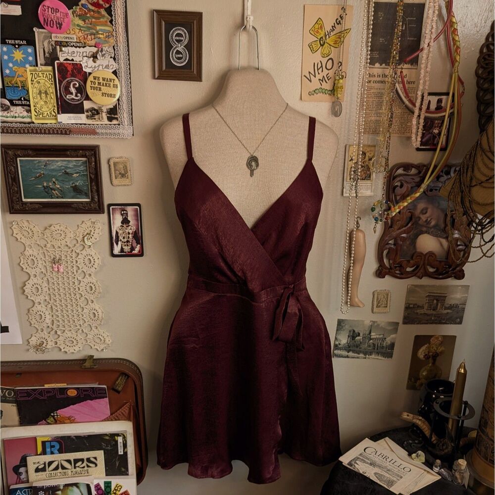 Satin Faux Wrap Mini Dress Women's Small Burgundy Red
